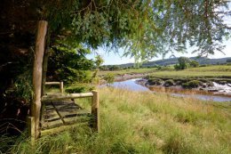 A rustic bench looks out over the Urr water