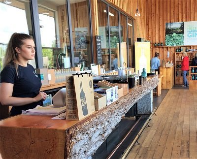 The bar at Crafty Distillery made from a single tree from Galloway Forest